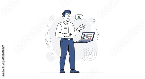 Man presenting online meeting on laptop, remote communication, business concept