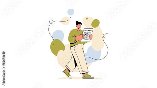 Person checking wellness checklist, healthy lifestyle concept, abstract shapes background