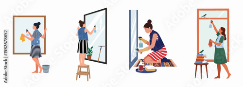 Flat Vector Illustrations of Women Engaged in Household Chores, Cleaning Mirrors and Windows with Spray Bottles and Cloths.