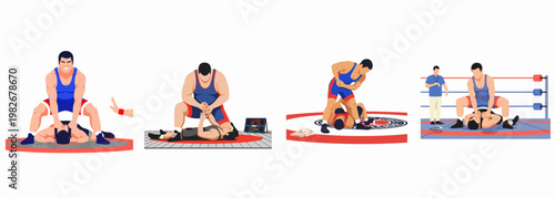 Konstfotografi Set of flat vector illustrations depicting professional wrestlers in various grappling maneuvers and competitive match scenarios on the wrestling mat