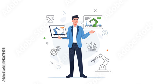 Man presenting robotic arm technology on tablet and screen, industrial automation concept