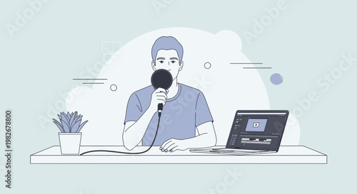 Man recording podcast with microphone and laptop, home studio setup, content creation