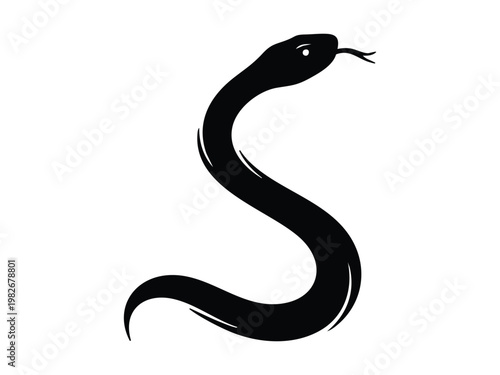 A sleek black snake silhouette, coiled into an 'S' shape, with its head raised and tongue flicking, against a clean white background.