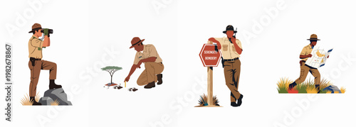 Collection of park ranger character illustrations performing duties like animal tracking, navigating with a map, using binoculars, and patrolling the Serengeti savanna.