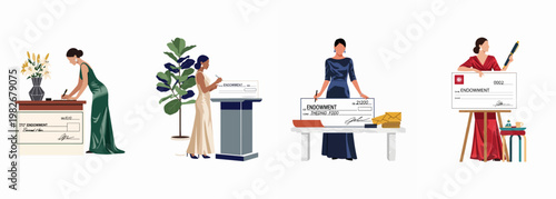Set of flat vector illustrations depicting elegant women in evening gowns signing and presenting large endowment checks for charity, philanthropy, and gala events.