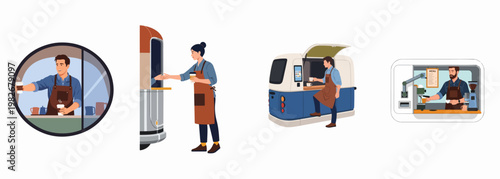 Collection of flat illustrations showing baristas operating modern mobile coffee trucks, vans, and street kiosks, serving fresh hot drinks to urban customers.