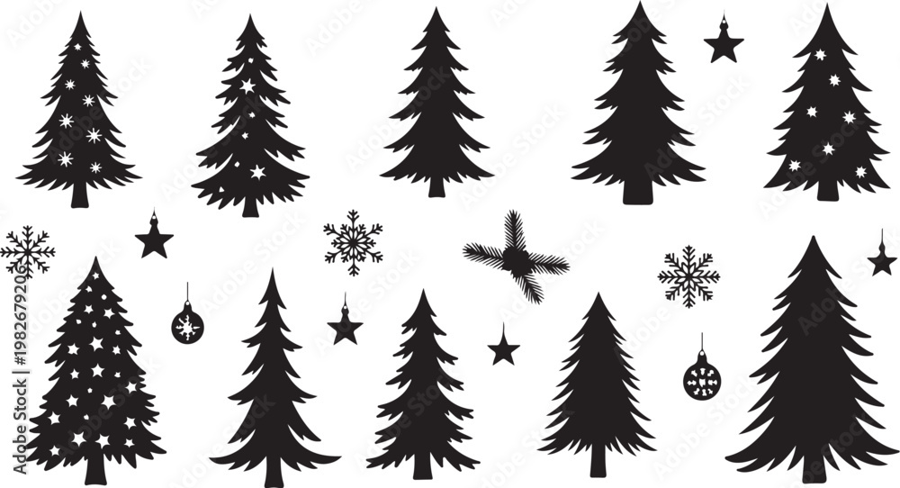 Obraz premium Christmas Trees and Decorations Silhouette Vector Graphic