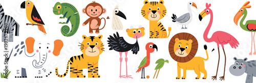 Large set of cute safari jungle wild animal characters vector illustration collection isolated on white background for children designs projects.Large 