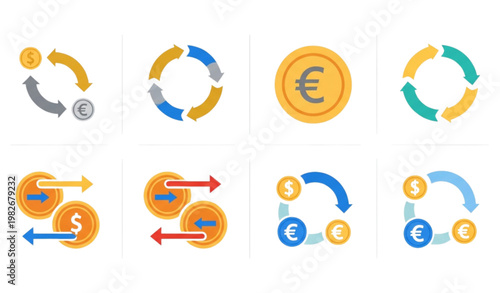 Vector Set of Currency Exchange Icons with Dollar, Euro, and Arrows for Finance, Banking, and Money Design Illustrations