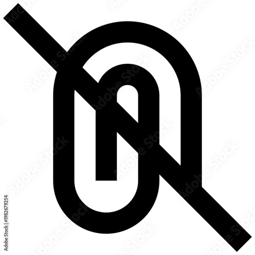 Attachment icon in sharp bold line style with a disabled mark. Perfect for UIs where file attachment is restricted, blocked, or unavailable in messages, forms, or app interfaces.