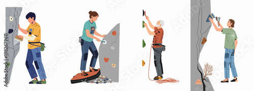 Collection of vector illustrations depicting people cleaning climbing holds and rocks with brushes at indoor gyms and outdoor bouldering sites.