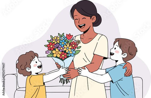 Mother receiving flowers from kids.