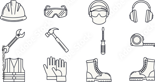 Line art illustration of construction worker safety equipment