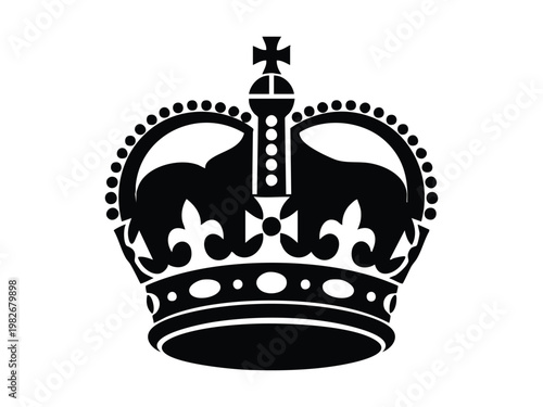 A detailed black silhouette of a royal crown with intricate designs and crosses, symbolizing monarchy, power, and regal authority.