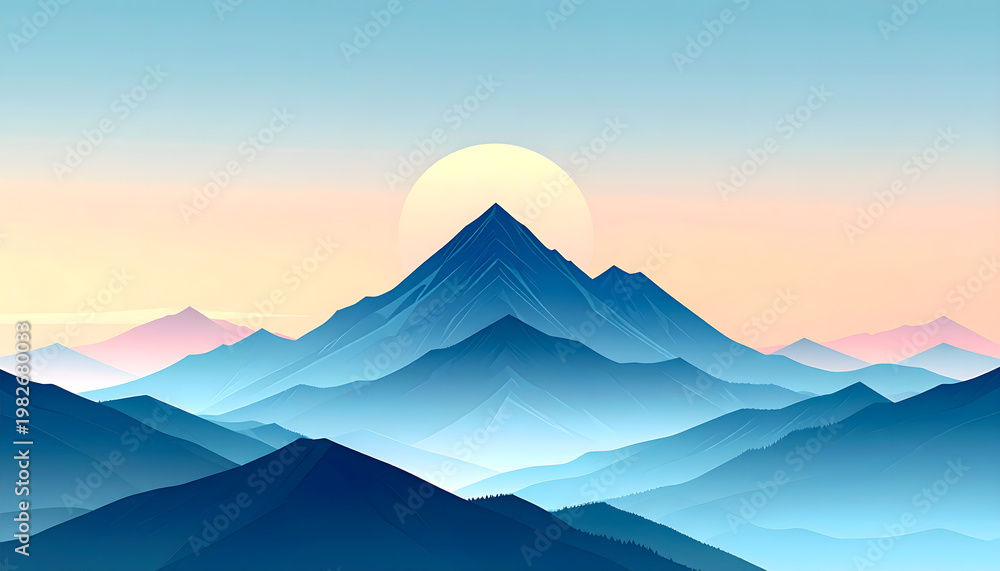 Fototapeta premium A panoramic nature landscape illustration featuring a sunset silhouette over a snowy mountain range peak with clouds and fog