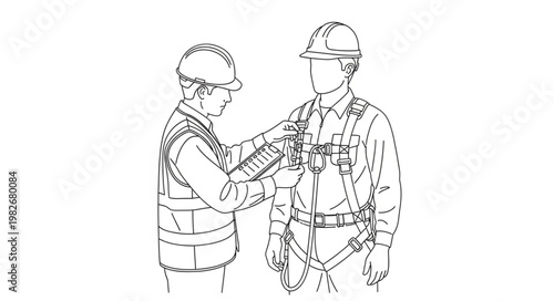 Worker Adjusting Safety Harness for Colleague in Construction Site.