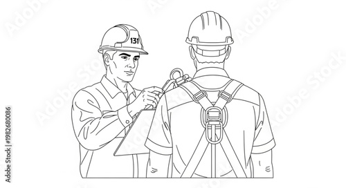 Worker Adjusting Safety Harness on Colleague.