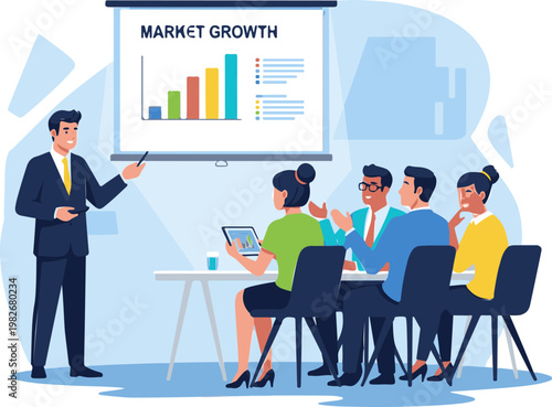 Professional business people attend a corporate meeting where a male presenter illustrates market growth on a large projector screen graphic