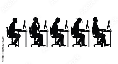 Obraz na plátne Ergonomic office posture silhouettes, male employee sitting at desk with compute