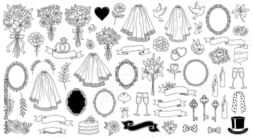 Wedding themed illustrations with floral bouquets, veils, and decorative elements.