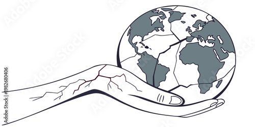 Symbolic illustration of a cracked hand holding a fragmented planet earth depicting environmental struggle with environment struggle pollution sustainability protection fragility depletion