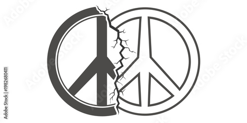 Symbol of peace split down the middle with cracks showing broken unity division conflict illustration minimalist background separation fracture political abstract geometry contrast