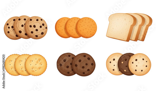 Vector Set of Delicious Cookies and Bread Slices for Bakery, Snack, and Food Illustration Designs