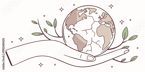 Hand cradling a globe with green leaf elements and cracks sustainability environment protection illustration conceptual botanical awareness friendly conservation sustainable
