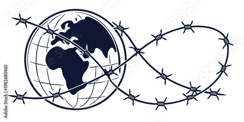 Conceptual graphic of planet earth globe encircled by sharp metallic barbed wire showing global conflict with conflict security politics restriction boundary political international