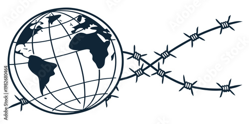 Graphic illustration of planet earth globe trapped behind strands of sharp metallic barbed wire with conflict security political restriction protection division isolation humanity