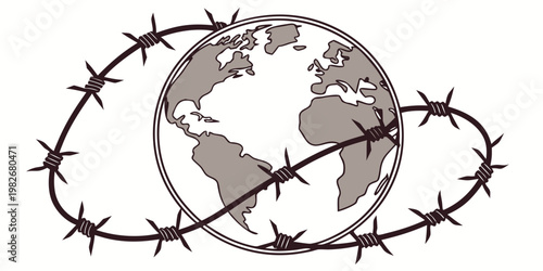 Conceptual illustration of planet earth globe wrapped in sharp metallic barbed wire on white background with conflict security political restriction protection division isolation humanity