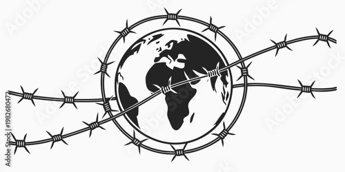 Graphic silhouette of planet earth globe surrounded by sharp metallic barbed wire frame with conflict security political restriction protection division isolation humanity politics