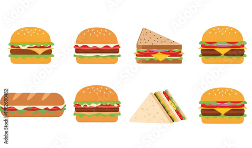 Vector Set of Delicious Burgers, Sandwiches, and Sub Rolls for Fast Food, Restaurant, and Snack Designs