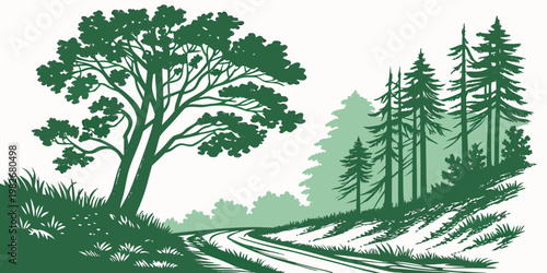 Artistic green forest landscape illustration featuring large deciduous tree and pine trees landscape woodland illustration adventure artistic background countryside deciduous dramatic