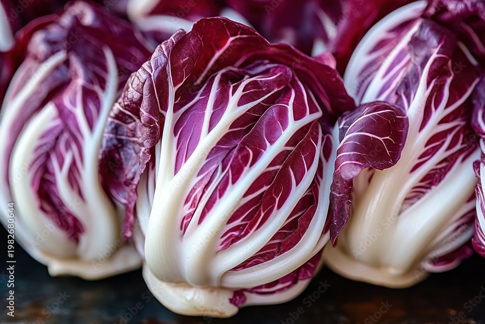Obraz premium close-up of vibrant purple radicchio heads with crisp white veins on a dark surface, fresh and appetizing
