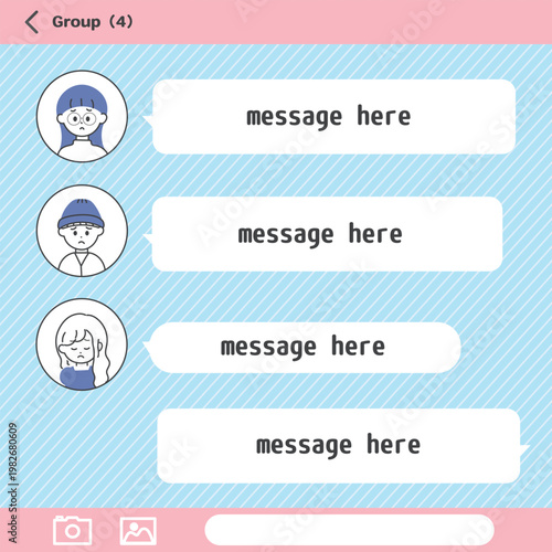 チャットアプリ風の背景と困った人々の吹き出しセット