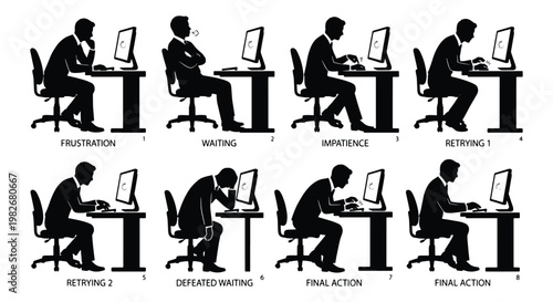 Foto Frustrated businessman silhouette set, office worker at computer desk with vario