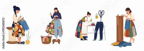Set of women mending and repairing denim jeans using traditional sewing techniques, patchwork, and embroidery in a creative flat vector illustration style.