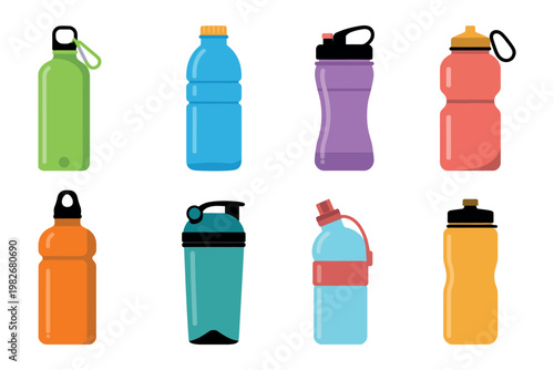Water bottle icon set featuring colorful vector illustrations hydration containers for sports travel lifestyle drinkware collection clean modern design