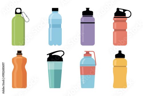 Water bottle icon set colorful vector illustrations hydration container designs sports travel lifestyle drinkware collection modern graphic elements