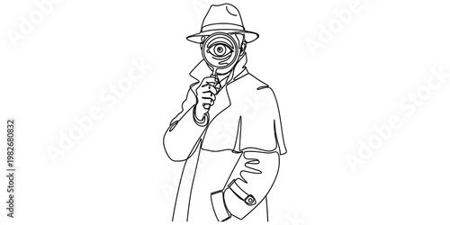 A black and white line art illustration of a mysterious detective peering through a magnifying.