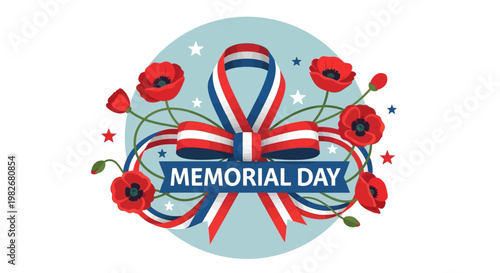 Memorial Day Red Poppies Ribbon Bow Stars Blue Background USA Flag Colors