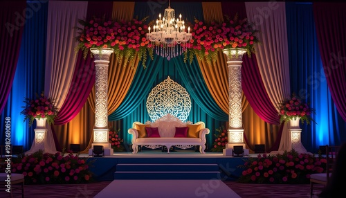 Melayu wedding stage decoration with dramatic stage lighting and rich colors