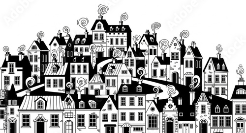 Whimsical Black and White Illustration of a Charming European Townscape.