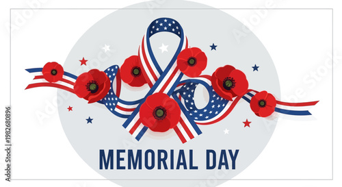 Memorial Day ribbon with poppies and American flag elements, honoring fallen soldiers.