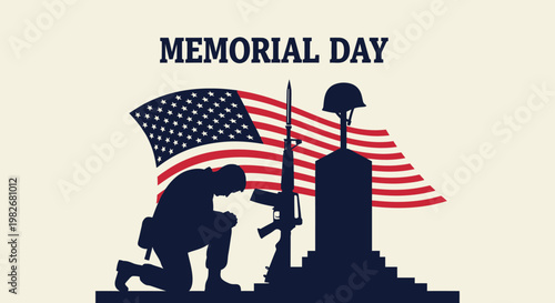 Memorial Day soldier kneeling by grave with American flag and rifle