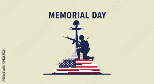 Memorial Day Soldier Kneeling Flag Cross Tombstone Military Remembrance