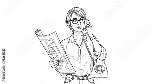 Woman architect on the phone, holding blueprints, focused on work.