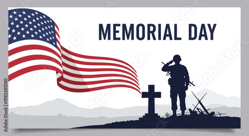 Memorial Day Soldier Saluting American Flag and Grave