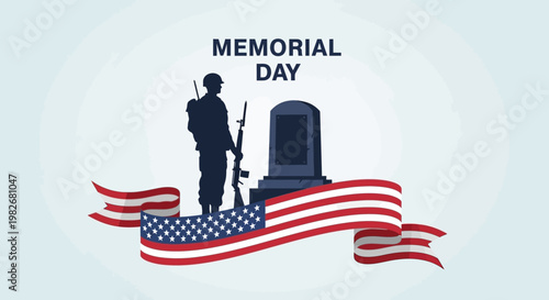 Memorial Day Soldier Silhouette at Tombstone with American Flag Ribbon